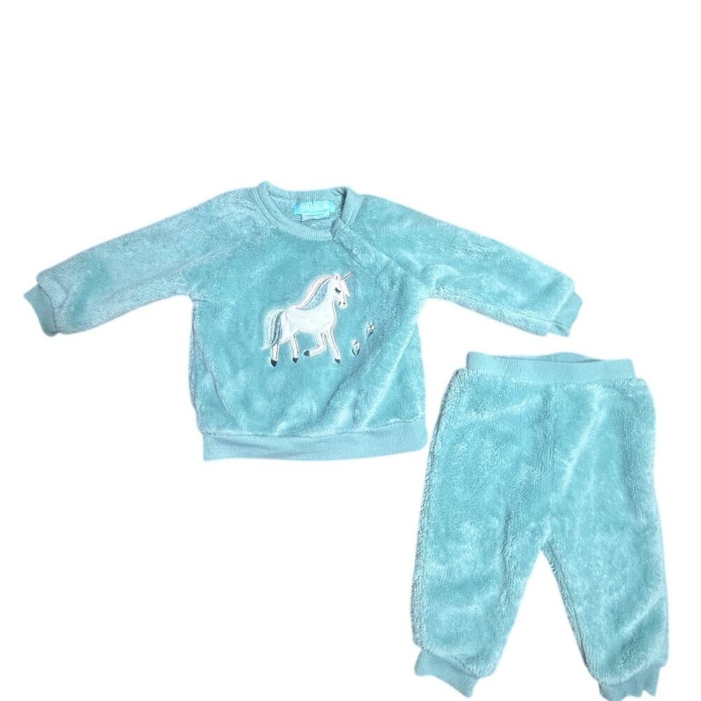 Pekkle Teal green plush jogger set w/unicorn 6M